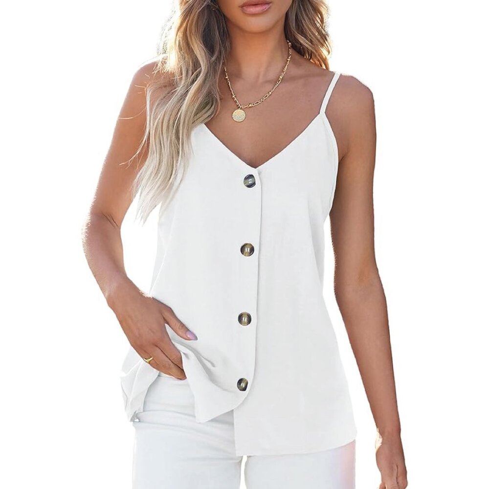 BLENCOT White loose button down spaghetti strap v-neck tank Top, Size S